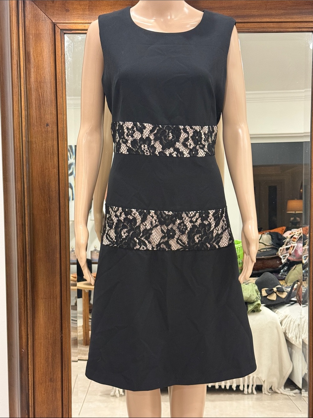 DKNY Black Midi Dress with Lace Insets Size 14